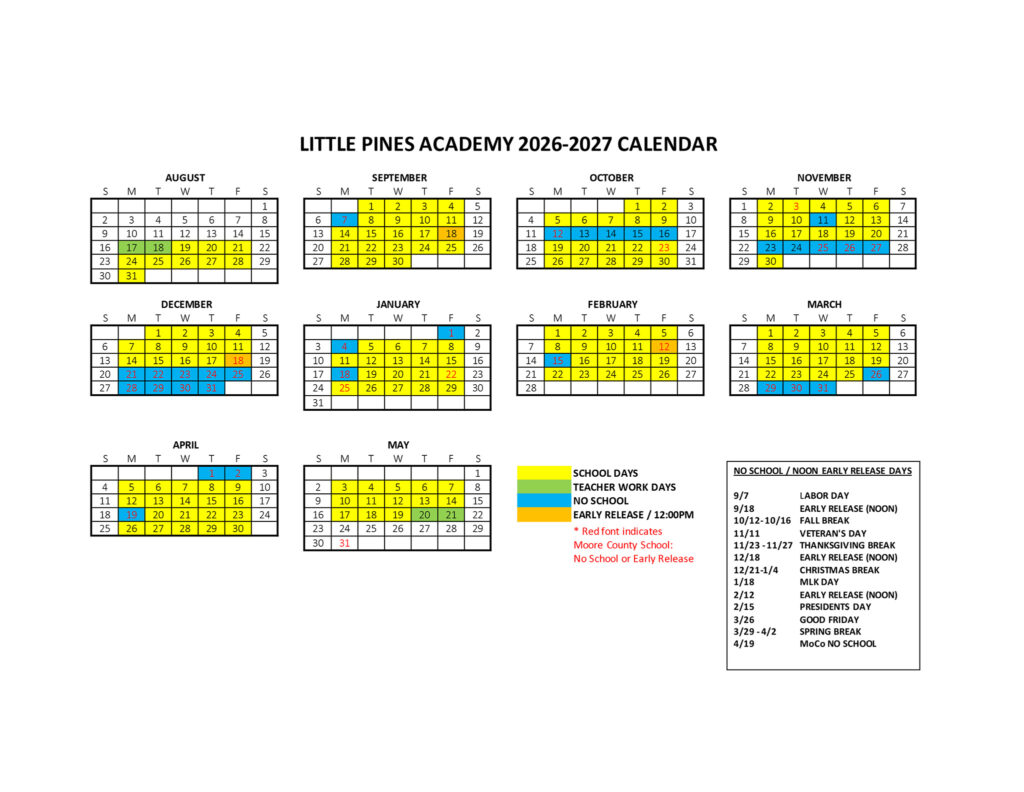 2026-2027 Calendar for Southern Pines Location